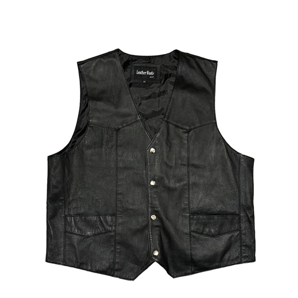 Leather Works U.S.A. Black Leather Vest With Pockets Snap Closure Men's Size XL